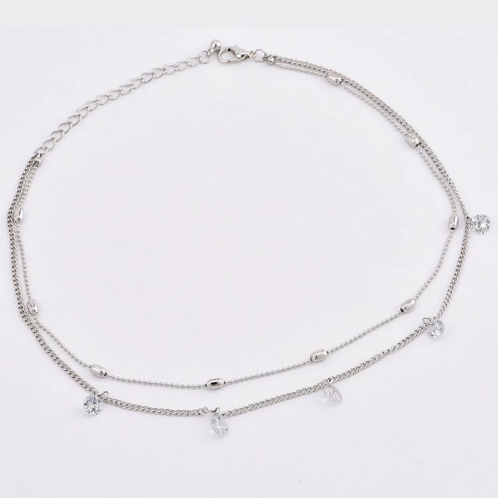 SALE Silver Layered Chain Choker w Rhinestones - Picture 2 of 2